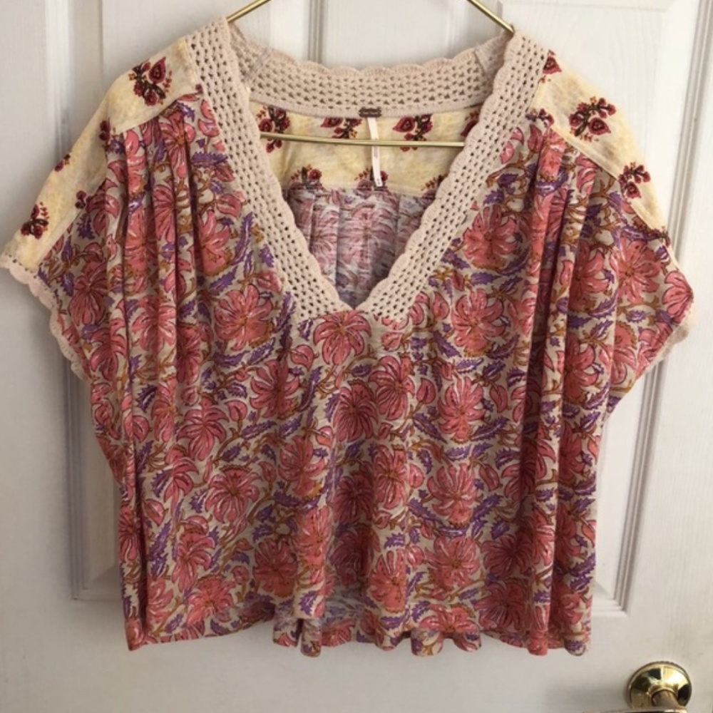 Free People Pink Crochet Floral Crop Top